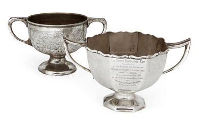 An octagonal Edwardian silver trophy cup, London, c.1908, R&W Sorley, engraved to alternate sides ‘The Somme Challenge Cup’ for Fortescue House School and ‘The Arethusa Challenge Cup’, together with a further silver trophy cup of similar form...