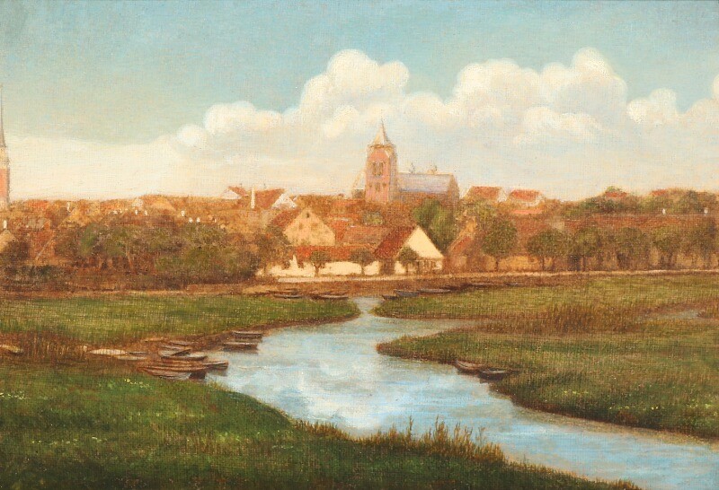 Andreas Fritz: Landscape with view to Aarhus from the west. Unsigned. Oil on canvas laid on cardboard. 18×25 cm.