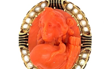 Antique 14K Yellow Gold Coral & Pearl Cameo Brooch