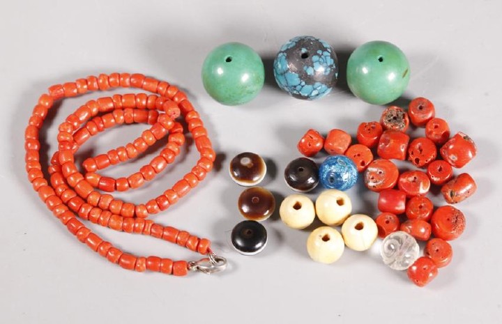 Antique Chinese Turquoise & Coral Beads; 114.5G