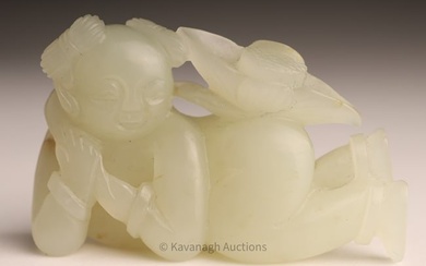 Antique Chinese White Jade Boy with Flower