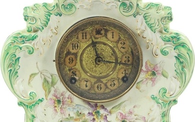 Antique Green and White Porcelain Case Mantle Clock, Brass Works, Key Wind 11 in. x 11 in.