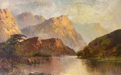 Antique Scottish Highlands Oil Painting Sunset Landscape with Mountains c.1930's
