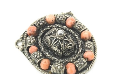 Antique Silver & Coral Bead Necklace Pendant