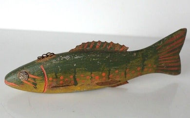 Antique folk art FISH Decoy hand painted wood in shaded greens with orange