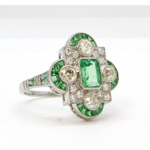 Art Deco-style platinum emerald and diamond cluster ring, th...