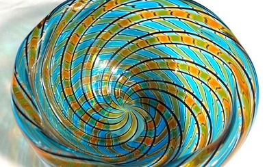 Art Glass Vase Blue And Brown Swirls, Murano Style Glass...