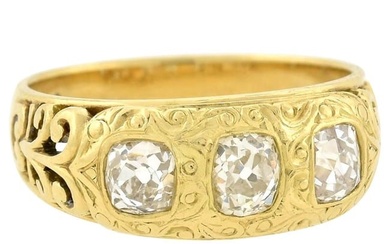 Art Nouveau 1.00 Total Carat Mine Cut Diamond 3-Stone Ring