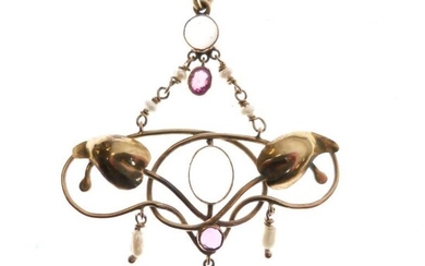 Art Nouveau yellow metal, ruby, pearl and moonstone pendant...
