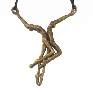 Artisan Figural Gilt Bronze Pendant on Silk Cords