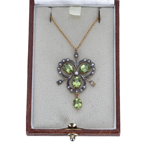 Attractive and delicate peridot, diamond and seed pearl pend...