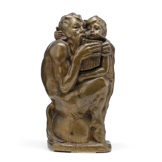 NOT SOLD. Axel Poulsen: Sitting faun with flute and boy. Signed AP. 1910. Sculpture in patinated bronce. 27 x 15 x 10 cm. – Bruun Rasmussen Auctioneers of Fine Art