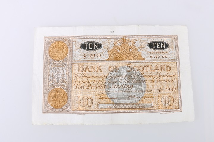 BANK OF SCOTLAND £10 ten pound banknote 16th July 1942...