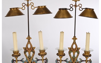 BARBEDIENNE. (Attribué à). JOLIE PAIRE DE LAMPES BOUILLOTTE formant bougeoirs en bronze et émaux cloisonnés...