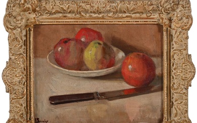 BERNIER Géo. (1862-1918). «Nature morte aux pommes». Huile sur panneau signée en bas à gauche....