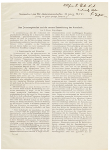 BOHR, Niels (1885-1962). ‘Das Quantenpostulat und die neuere Entwicklung der Atomistik.’ Offprint from: Die Naturwissenschaften, 16 Jahr, Heft 15, [245]-257 pp. Berlin: Julius Springer, [1928].