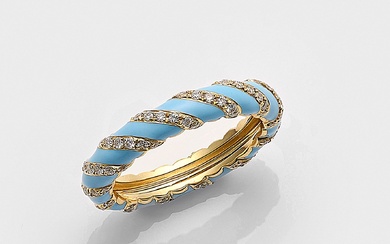 Bague cordon fine avec diamants en or jaune, partiellement émaillée de turquoise, sertie en 750....