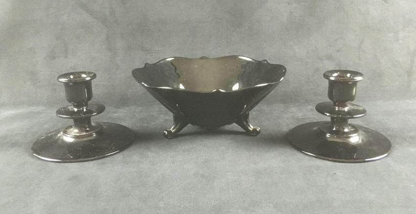 Black Glass 3 Footed Candy Dish and Two Candle Holders