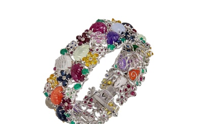 Bracelet en or style Tutti frutti avec pierres precieuses. 70 diamants 0,7 carats, 13 quartz...