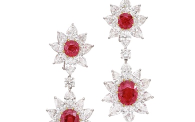 Bulgari Pair of Ruby and Diamond Pendent Earrings | 寶格麗 | 6.05, 5.03, 2.14 及 2.10克拉 天然「緬甸」未經加熱紅寶石 配 鑽石 耳墜一對