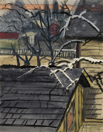 CHARLES BURCHFIELD Houses in Winter. Watercolor and pencil on paper mounted on card...