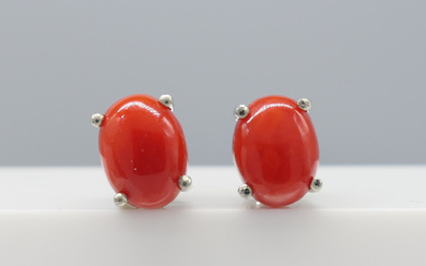 CORAL ear studs in silver.