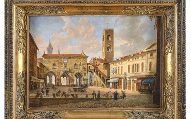 COSTANTINO ROSA (Bergame 1803 - 1878) VIEILLE PLACE À BERGAMO Huile sur toile, cm. 41...