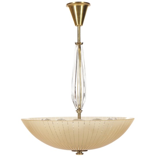 Carl Fagerlund: A brass chandelier with glass shades. Manufactured by Orrefors and Lyfa. 1950s. H. 55. Diam. 46 cm.