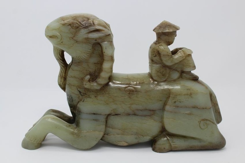 Carved Chinese Jade Ram w/ Figure