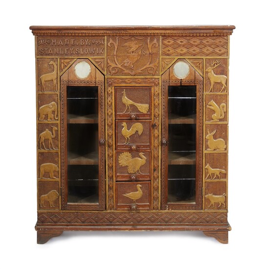 Carved, punch and paint-decorated bookcase/cabinet "Made by Stanley Slowik," late 19th/early 20th century