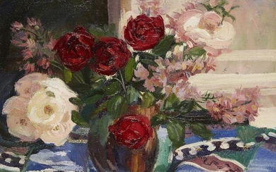 Cathleen Sabine Mann ROI RP SWA, British 1896-1959 - Vase of peonies; oil on canvas, signed lower right 'Cathleen Mann', 41 x 44.5 cm (ARR)