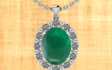 Certified 7.88 Ctw Emerald And Diamond I1/I2 14K White Gold Victorian Style Pendant Necklace