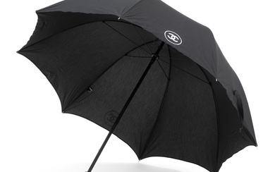 Chanel A black umbrella with white logo and black leather handle. L....