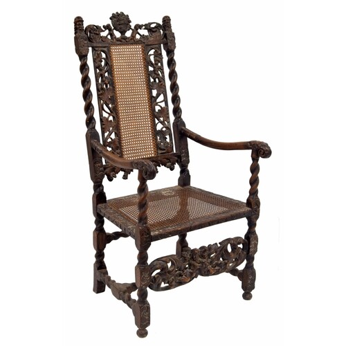Charles II carved walnut and cane high-backed open armchair,...