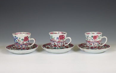 China, set of three famille rose porcelain cups and saucers, Qianlong period (1736-1795)