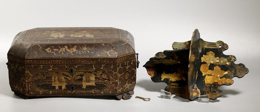 Chinese 19 C Gold on Lacquer Sewing Box; Sm Shelf