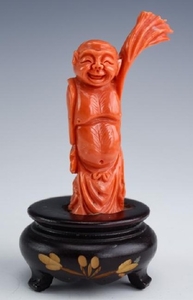 Chinese 3" Salmon Red Coral Branch Carving Statue
