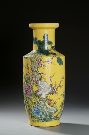 Chinese Yellow Ground Famille Rose Rouleau Vase