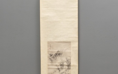 Chinese scroll met voorstelling van wandelaar in landschap, 20e...