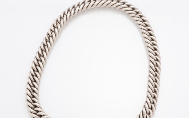 Christofle heavy sterling silver chain choker necklace, 10.7mm wide double curb link chain to slide clasp applied with 18ct gold band and 2 bezel set half-moon cut citrines, with silver, gold and makers stamps, wt....