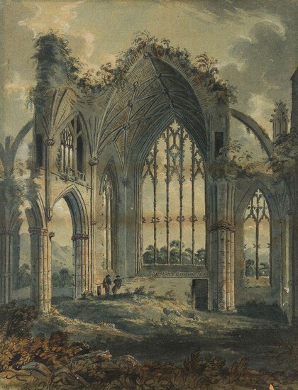 Circle of Paul Sandby, RA, British 1731-1809- A ruined church with two figures; pencil and watercolour heightened with touches of white chalk on paper, 55.5 x 43 cm. Provenance: Private Collection, UK.