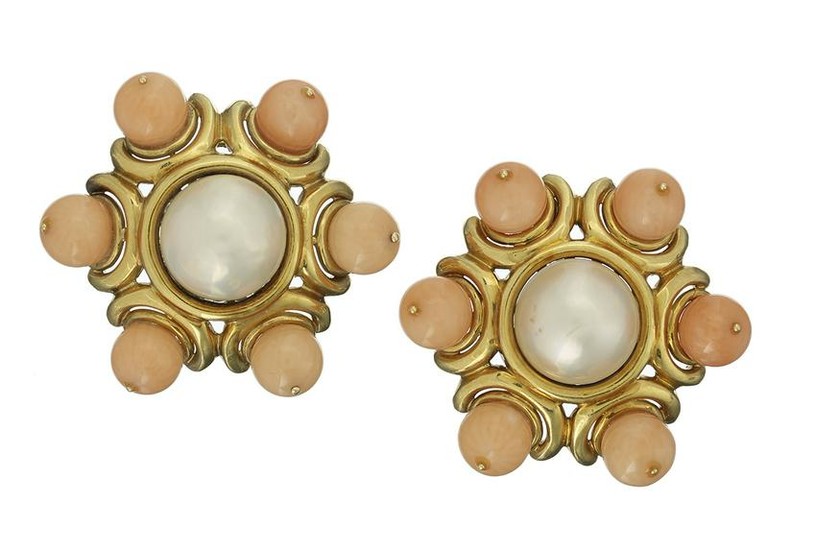 Coral and Mabe Pearl Ear Clips