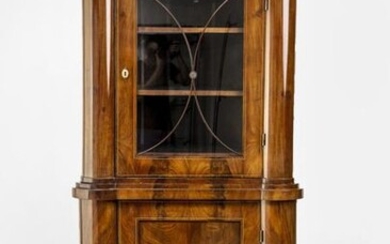 Corner cupboard. Mahogany. On mullioned feet, two-door top glazed front,...