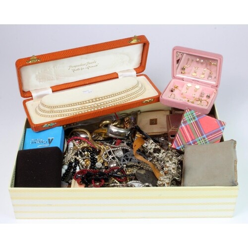 Costume Jewellery. A box of costume jewellery & watches, inc...