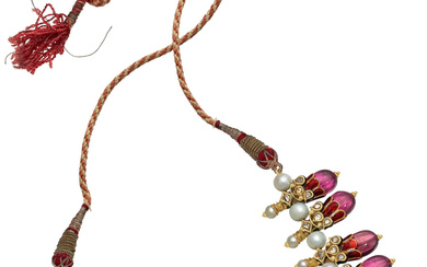 Cultured Pearl, Tourmaline, Diamond, Enamel, Gold Necklace Stones: Pink...