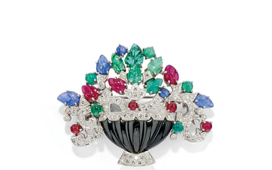 DIAMOND AND GEM-SET BROOCH in 18K white gold depicting...