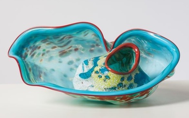 Dale Chihuly Cerulean Blue Macchia Pair with Brick Red Lip Wraps, 1986