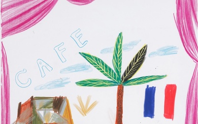 David Hockney Café with Palm Tree and Clouds Surrounded by...