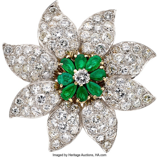 Diamond, Emerald, Gold Pendant-Brooch The floral pendant-brooch features full-cut...