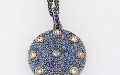 Diamond, Sapphire, Sterling Silver Pendant Necklace.